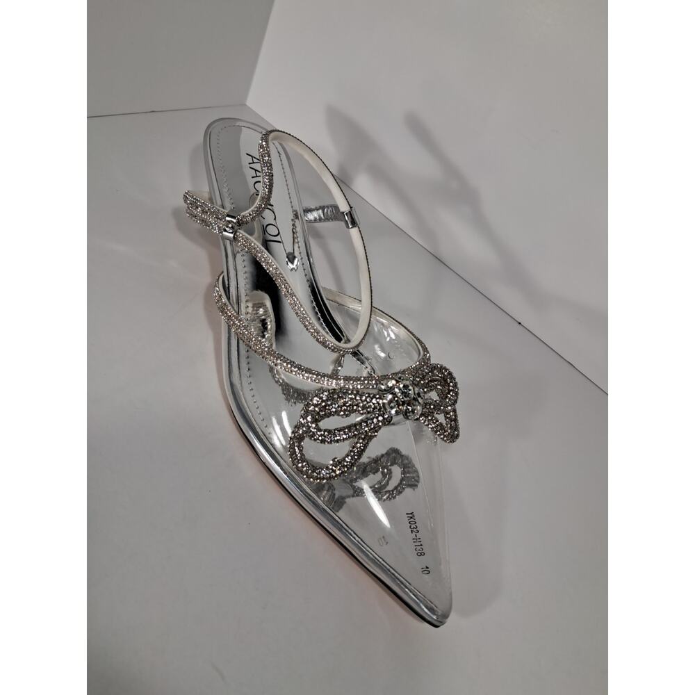 Rhinestone bow heels prom wedding dress shoe clear silver size 10